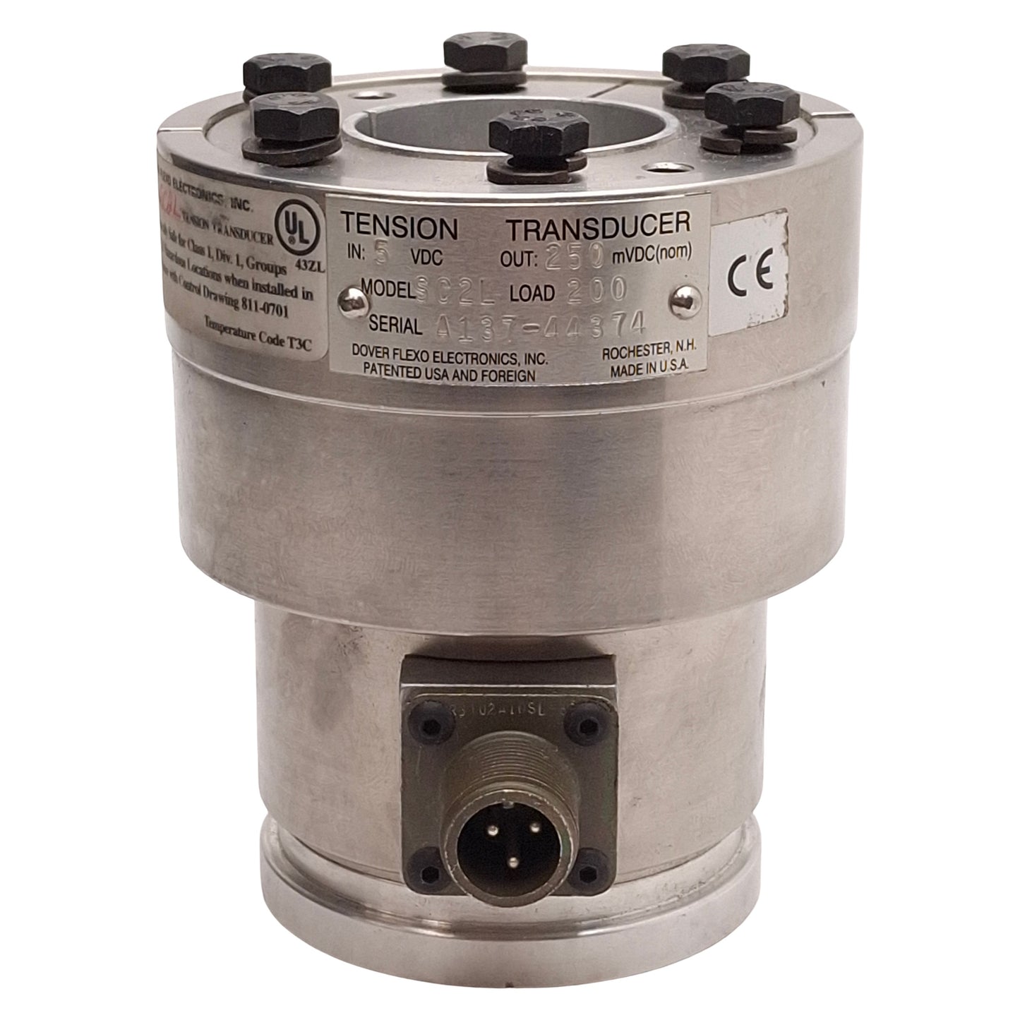 New – Open box Dover Flexo SC2L Tension Transducer, 200lbs Load, 250mVDC Output, ø1-1/2in Bore