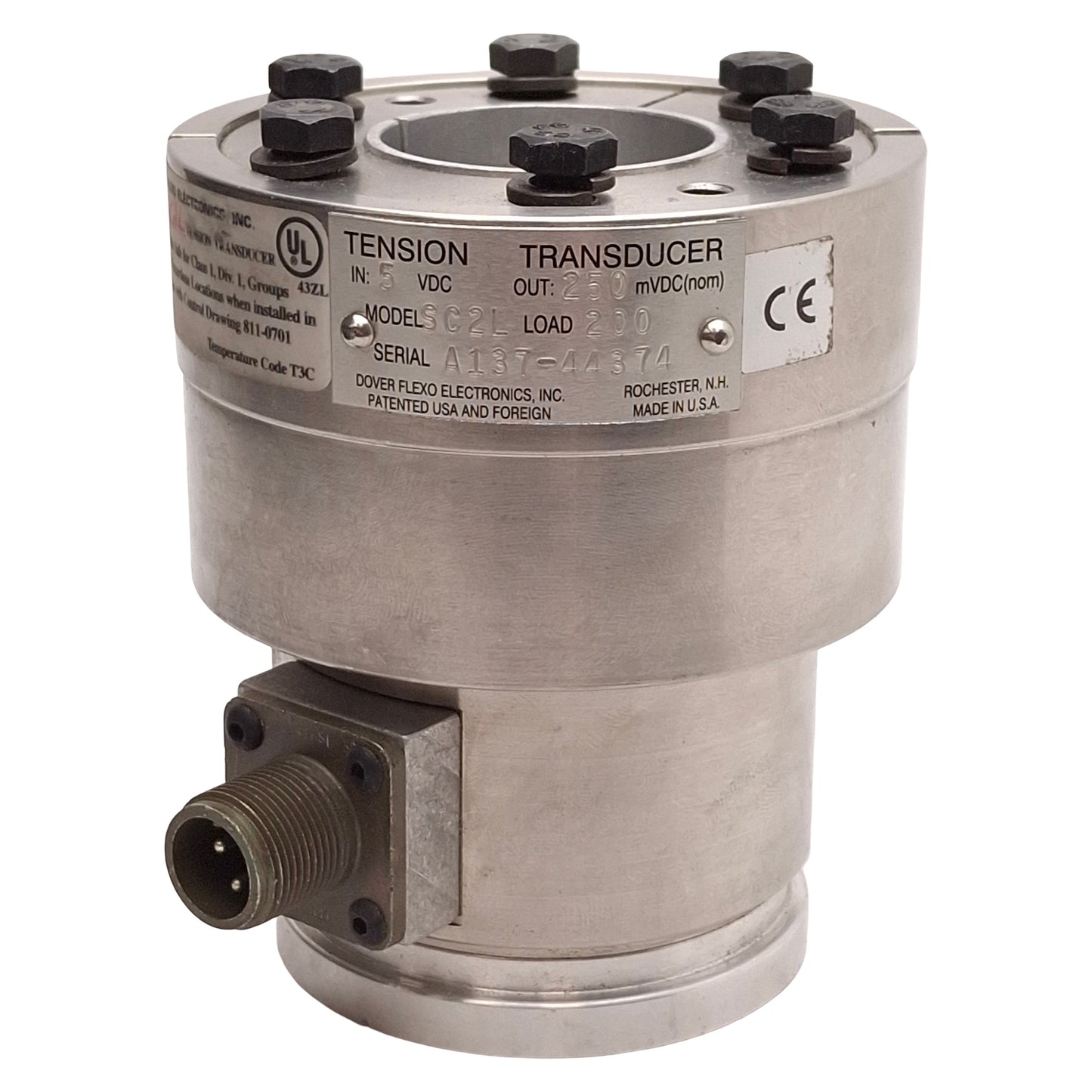 New – Open box Dover Flexo SC2L Tension Transducer, 200lbs Load, 250mVDC Output, ø1-1/2in Bore