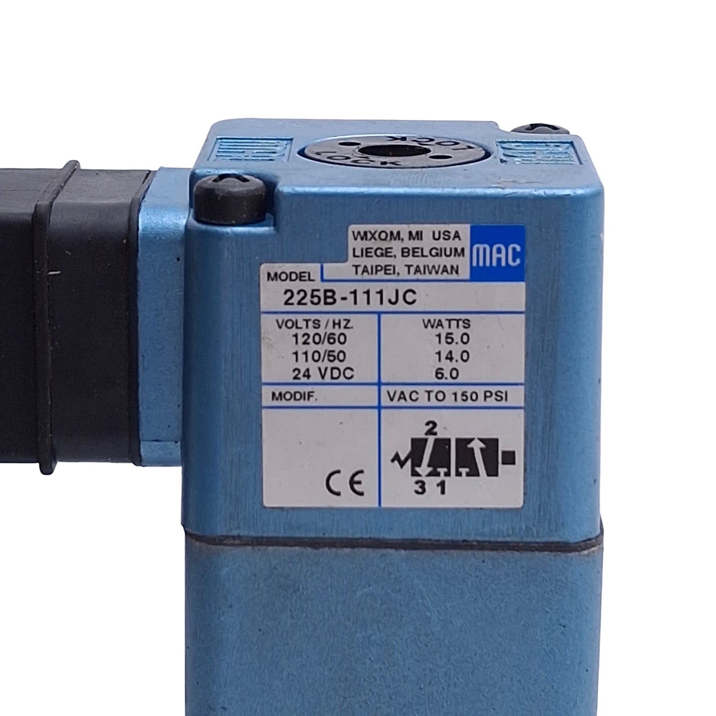 Used Mac Valves 225B-111JC Solenoid Valve, 1/4in NPTF, 110/120VAC & 24VDC Coil