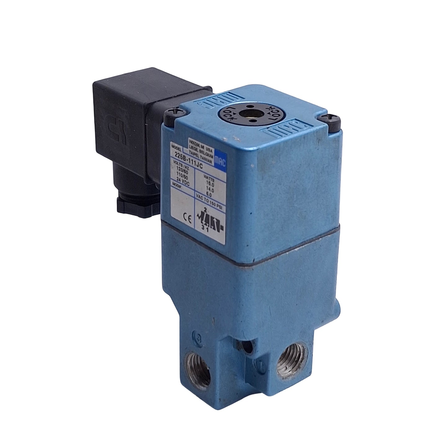 Used Mac Valves 225B-111JC Solenoid Valve, 1/4in NPTF, 110/120VAC & 24VDC Coil