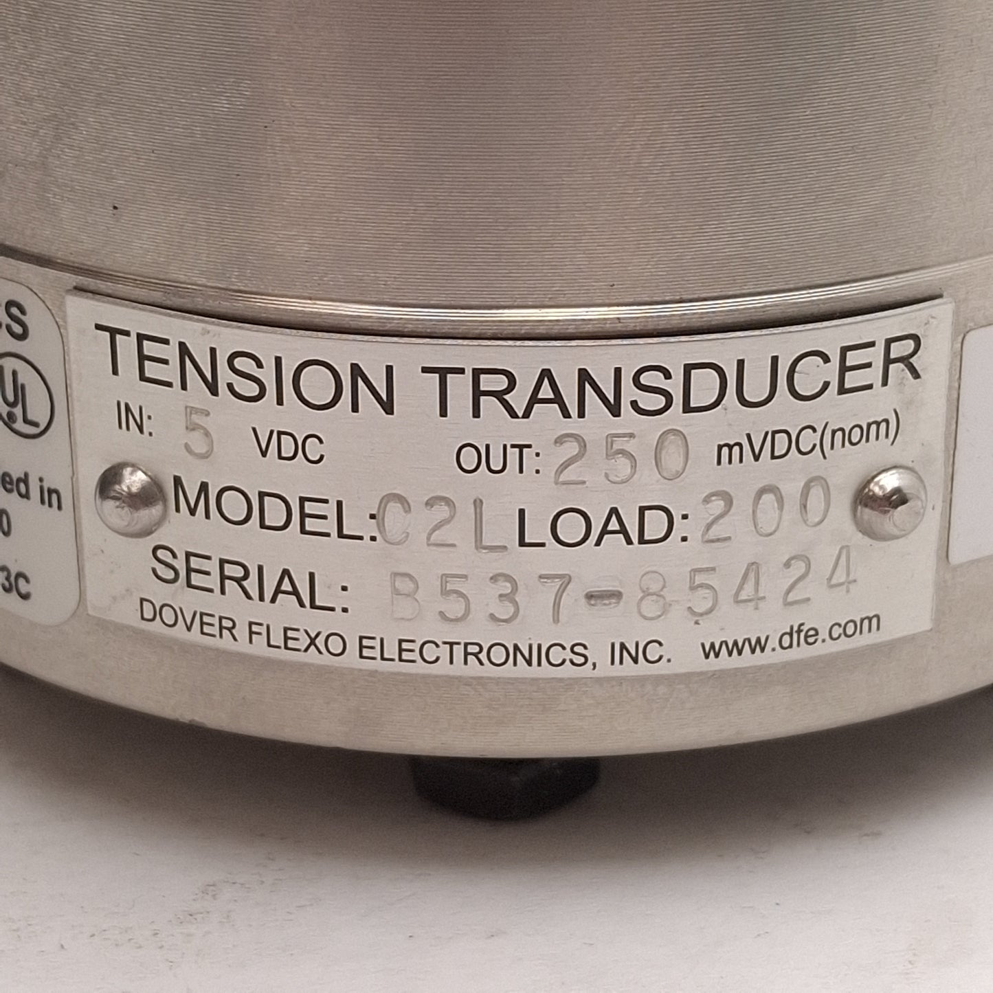 New – Open box Dover Flexo C2L Tension Transducer, 200lbs Load, 250mVDC Output, ø1-1/2in Bore