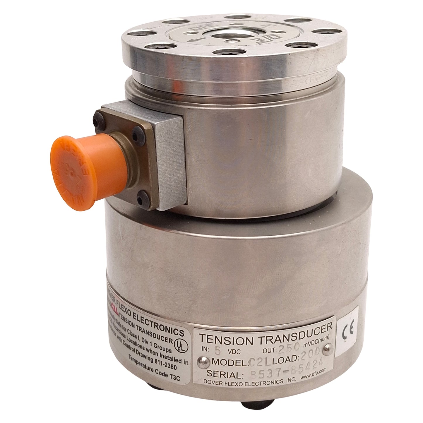 New – Open box Dover Flexo C2L Tension Transducer, 200lbs Load, 250mVDC Output, ø1-1/2in Bore