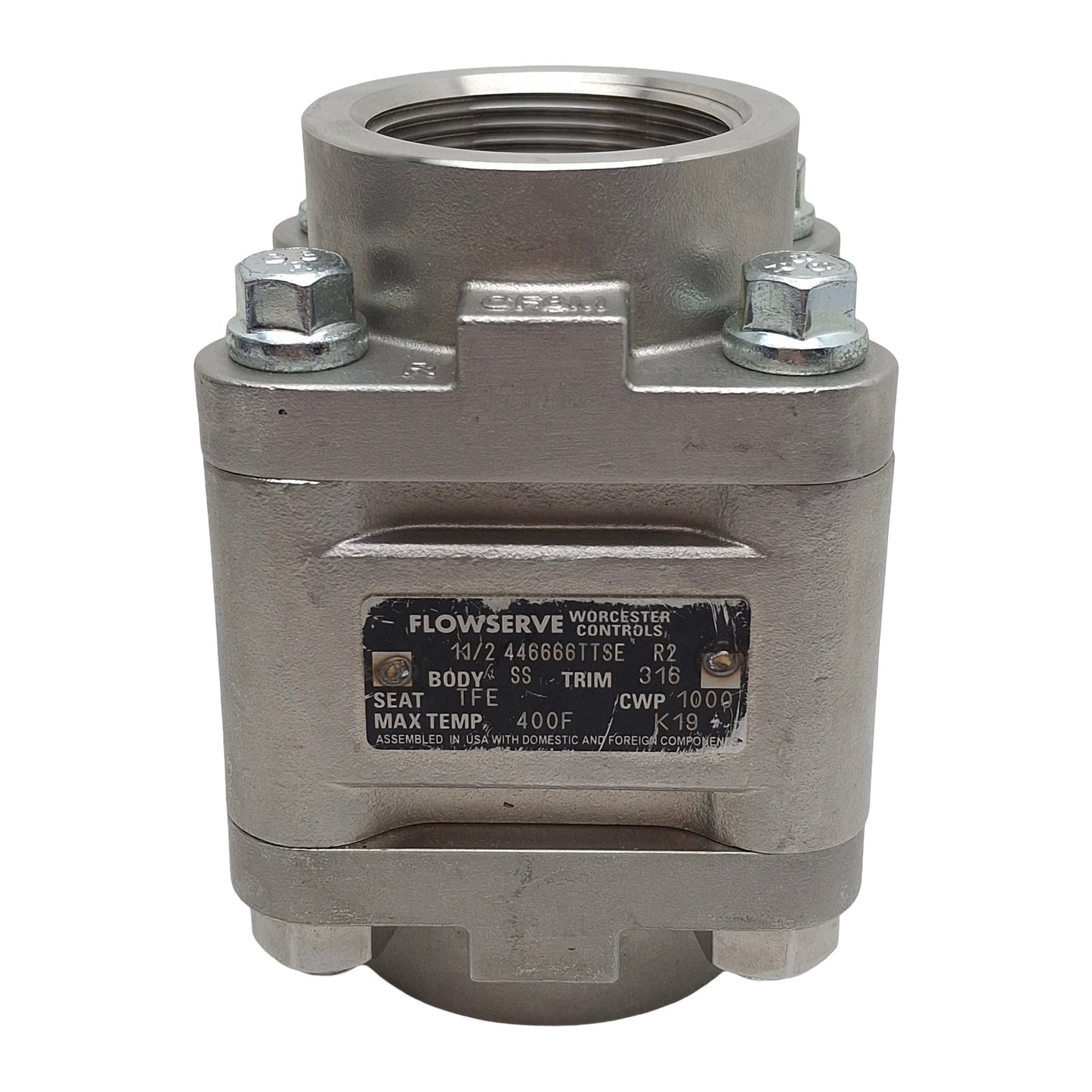 Used Flowserve Worcester 446666TTSE Ball Valve, 1-1/2in NPT, 1000psi *No Lever*