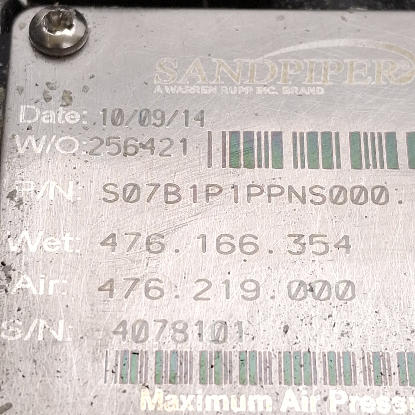 Used Sandpiper S07B1P1PPNS000 Air Operated Double Diaphragm Pump, 23gpm, 100psi