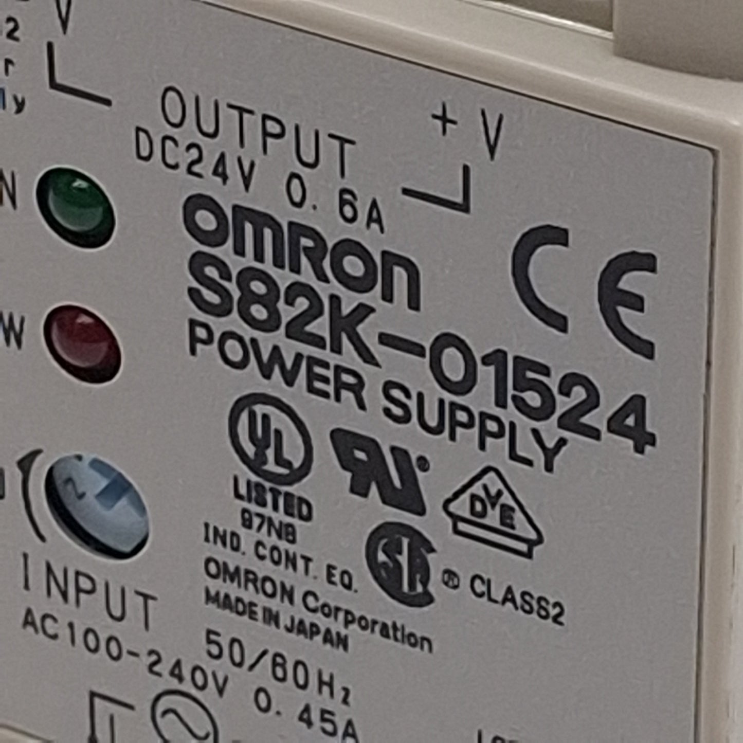 Used Omron S82K-01524 Power Supply, 100-240VAC In, 0.6A 24VDC Out, DIN Rail