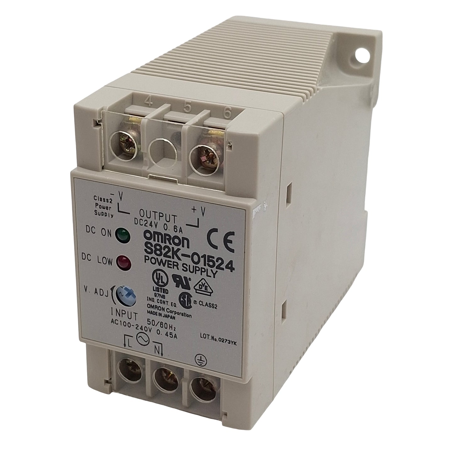 Used Omron S82K-01524 Power Supply, 100-240VAC In, 0.6A 24VDC Out, DIN Rail