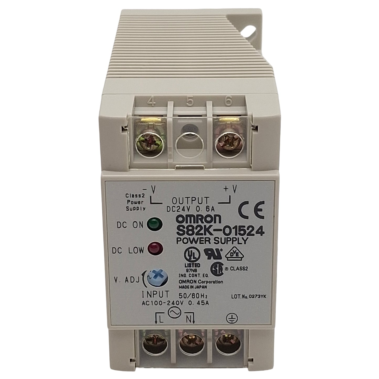 Used Omron S82K-01524 Power Supply, 100-240VAC In, 0.6A 24VDC Out, DIN Rail