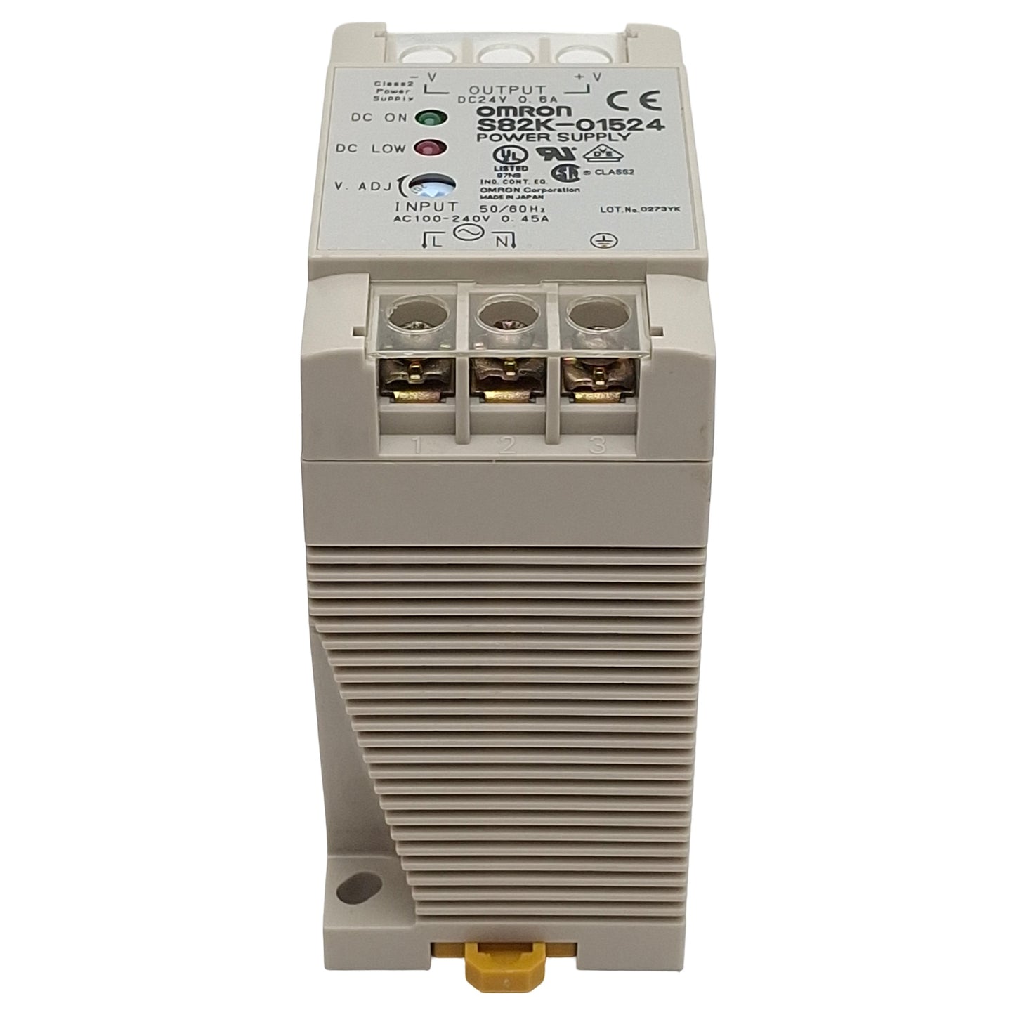 Used Omron S82K-01524 Power Supply, 100-240VAC In, 0.6A 24VDC Out, DIN Rail
