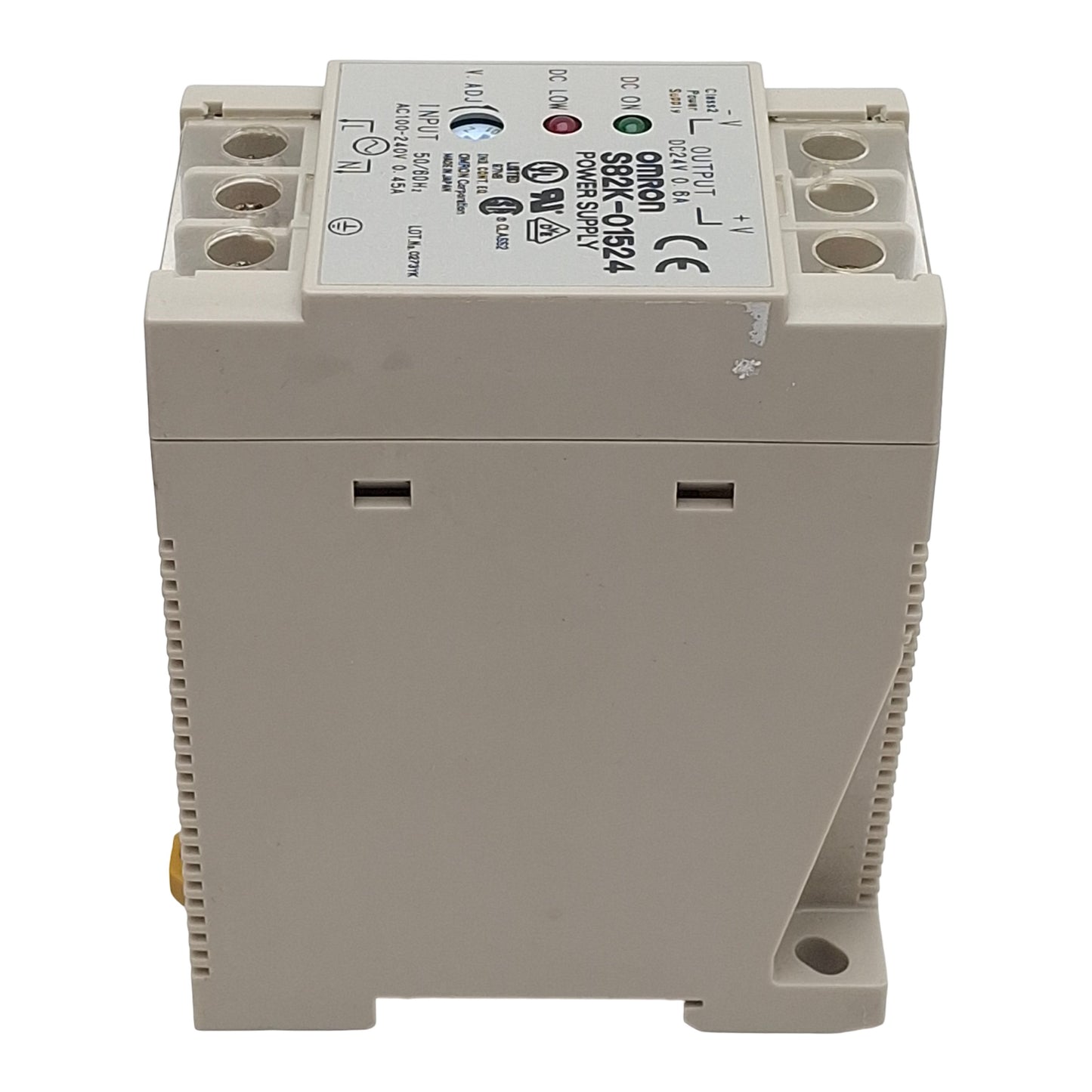 Used Omron S82K-01524 Power Supply, 100-240VAC In, 0.6A 24VDC Out, DIN Rail
