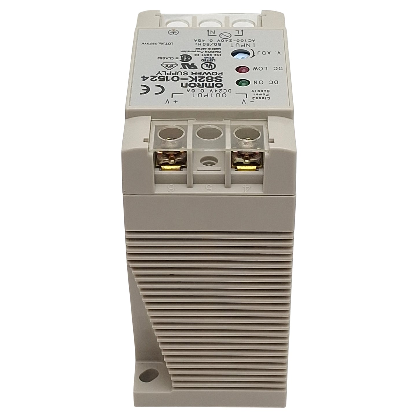 Used Omron S82K-01524 Power Supply, 100-240VAC In, 0.6A 24VDC Out, DIN Rail