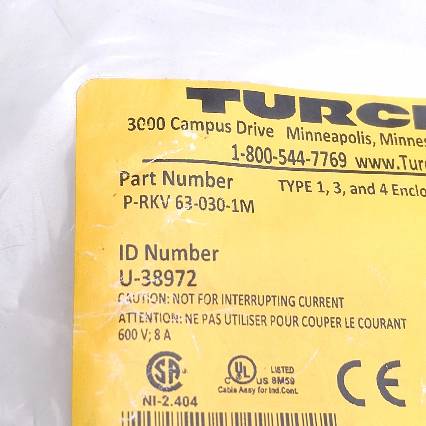 New Turck P-RKV 63-030-1M Cordset 6 Pin 7/8" -16 UN, Straight, Female 600VAC, 8A