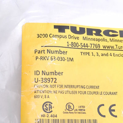New Turck P-RKV 63-030-1M Cordset 6 Pin 7/8" -16 UN, Straight, Female 600VAC, 8A