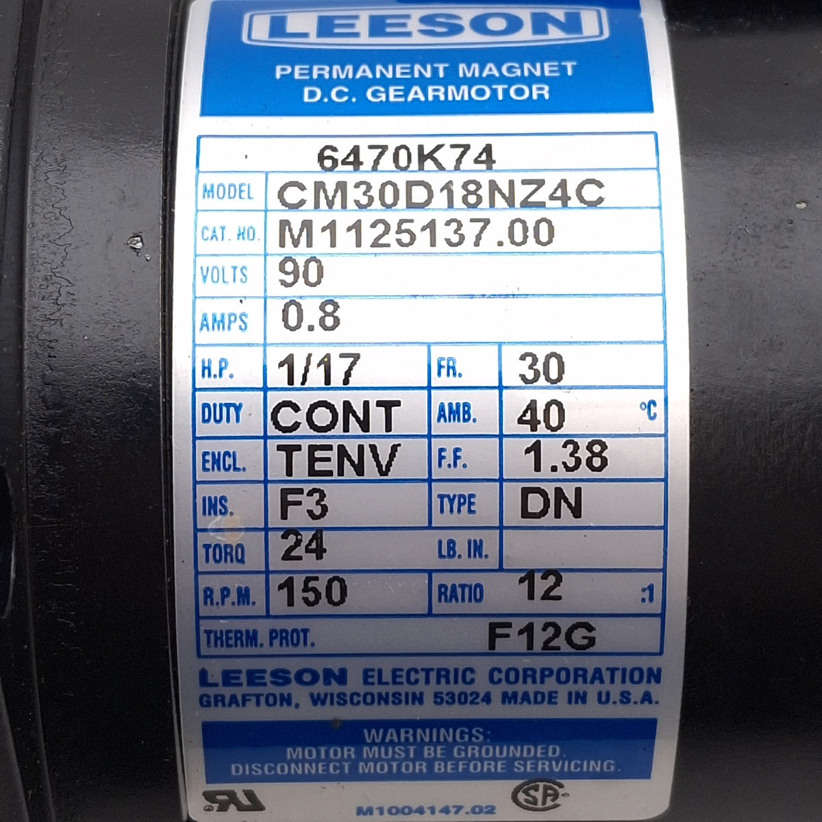 Used Leeson CM30D18NZ4C M1125137.00 Gearmotor, 12:1, 1/17HP, 24lb-in, 150rpm, 90VDC