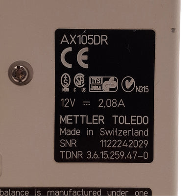 For parts or not working Mettler Toledo AX105DR Analytical Balance 12VDC, 80x80mm Pan, 110g *For Parts*