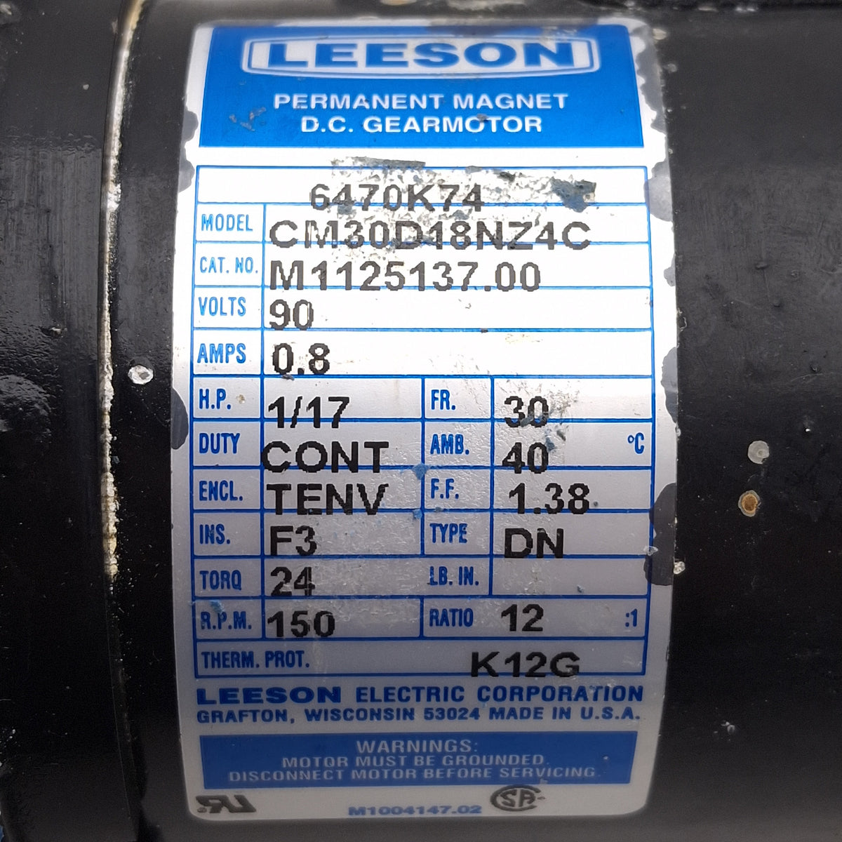 Used Leeson M1125137.00 CM30D18NZ4C Gearmotor, 12:1, 1/17HP, 24lb-in, 150rpm, 90VDC