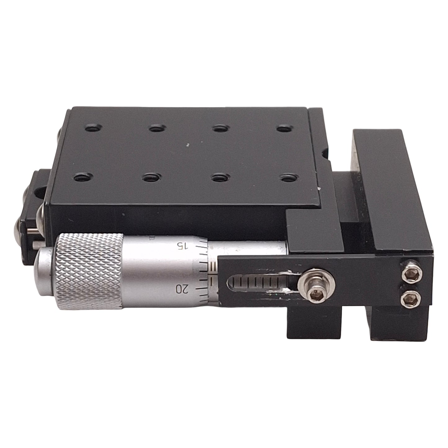 Used Deltron R401SD Side Drive Positioning Stage, 0.5in Travel, 2in x 1.75in, 40lbs