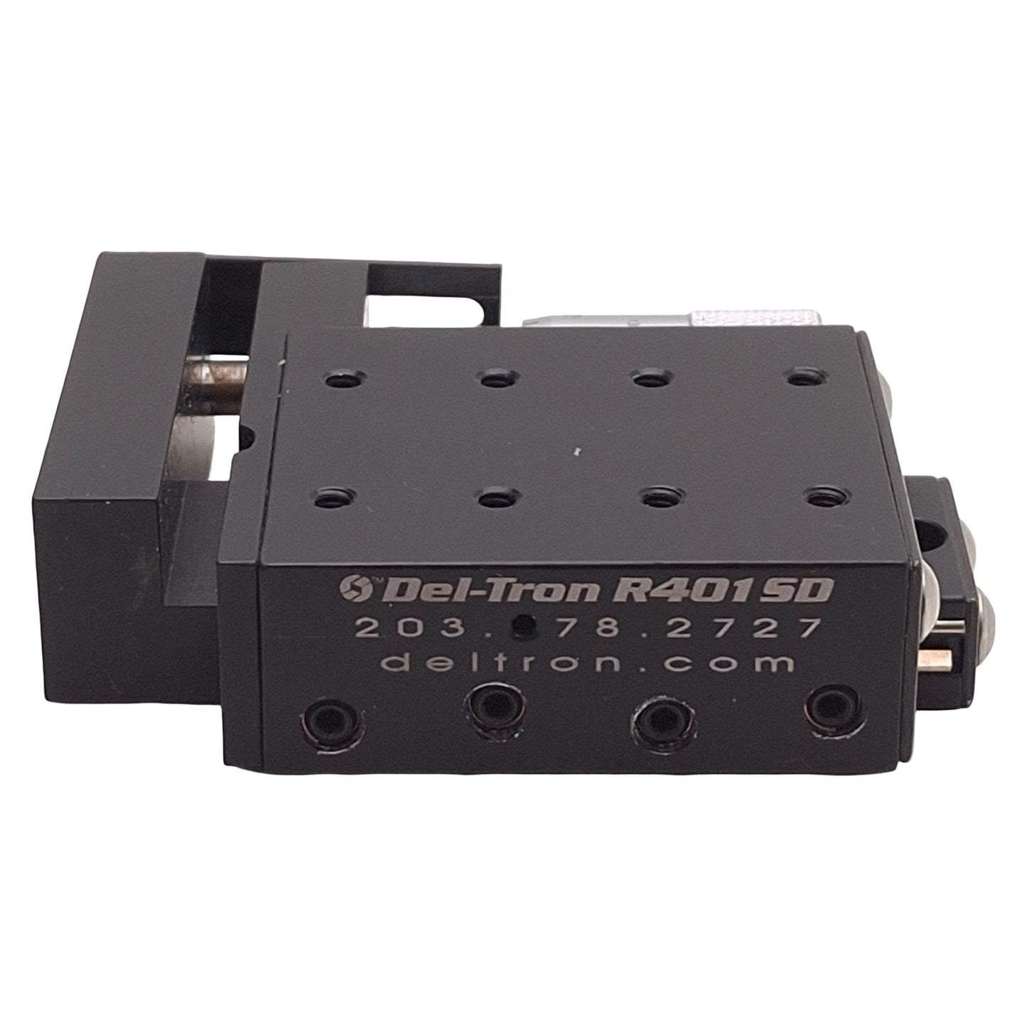 Used Deltron R401SD Side Drive Positioning Stage, 0.5in Travel, 2in x 1.75in, 40lbs