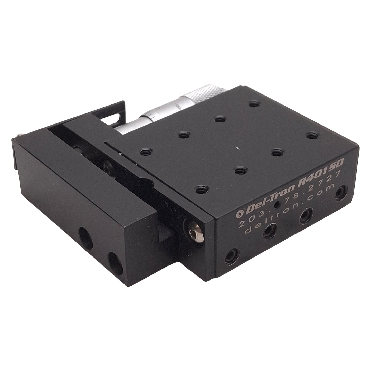 Used Deltron R401SD Side Drive Positioning Stage, 0.5in Travel, 2in x 1.75in, 40lbs