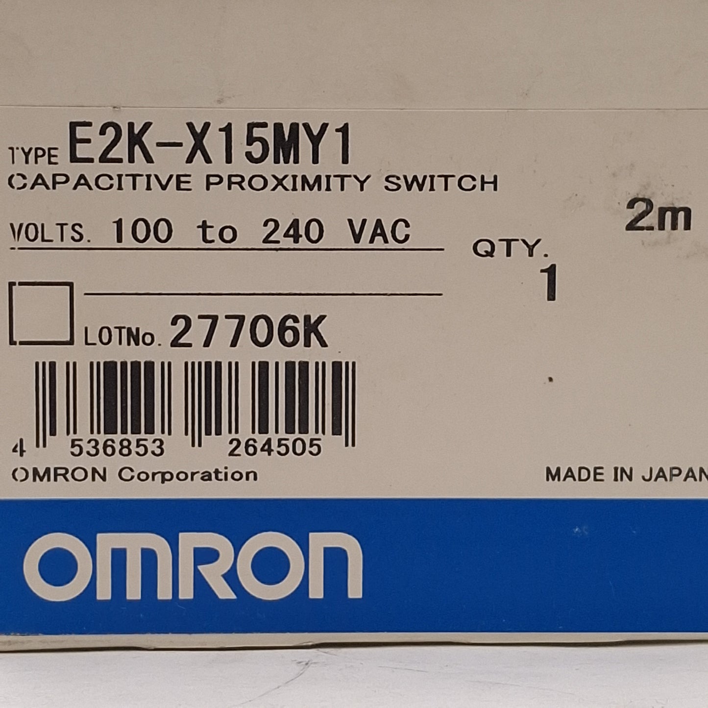 New Omron E2K-X15MY1 Capacitive Proximity Sensor, SCR-NO, 15mm Range, 100-240VAC, 2m