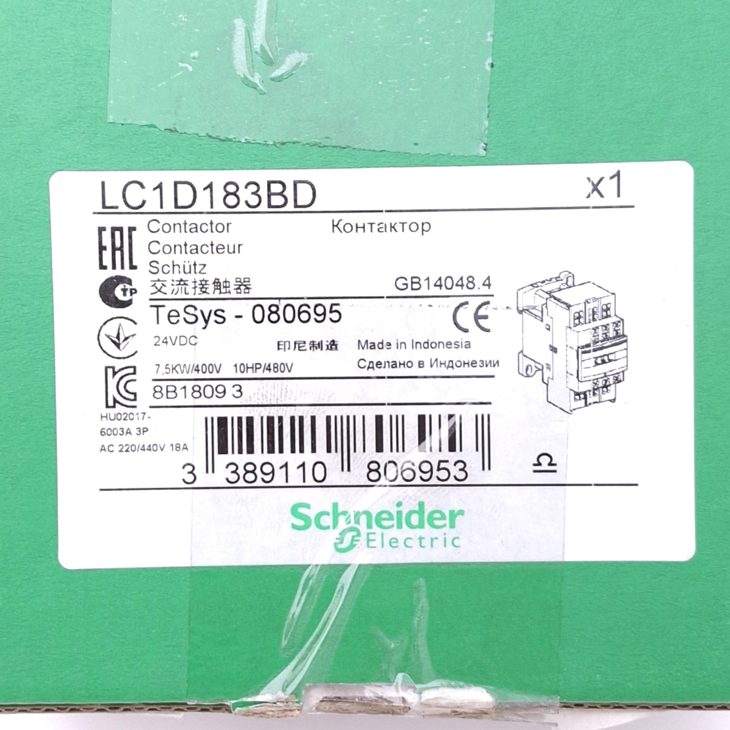 New Schneider Electric LC1D183BD Motor Contactor, 3-Pole 3-Phase 600VAC, 24VDC Coil