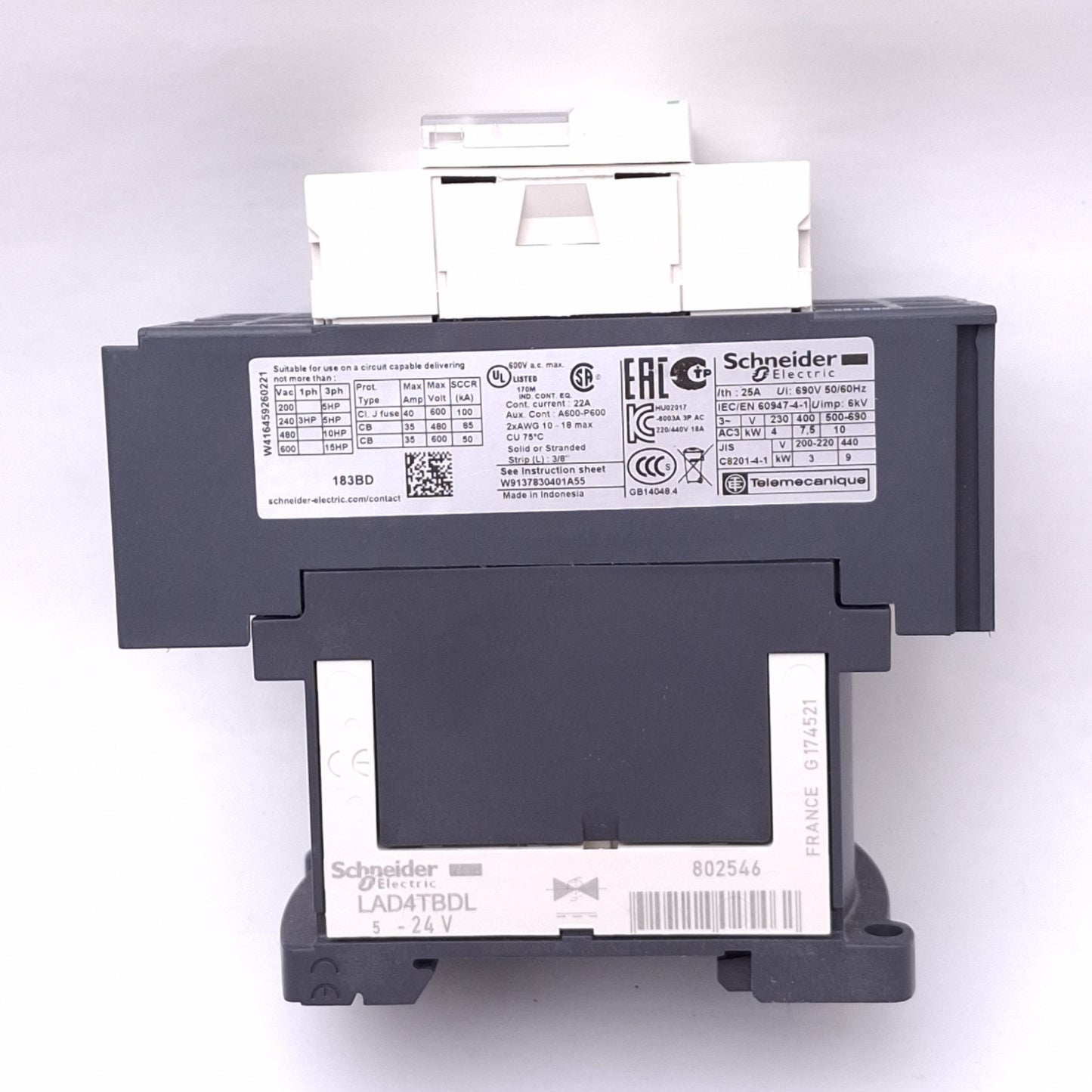 New Schneider Electric LC1D183BD Motor Contactor, 3-Pole 3-Phase 600VAC, 24VDC Coil