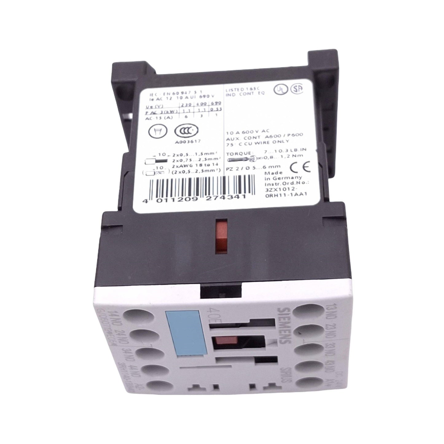 Used Siemens 3RH1140-1BB40 Contactor Relay, 4-Pole 4NO, 10A 600VAC Max, 24VDC Coil