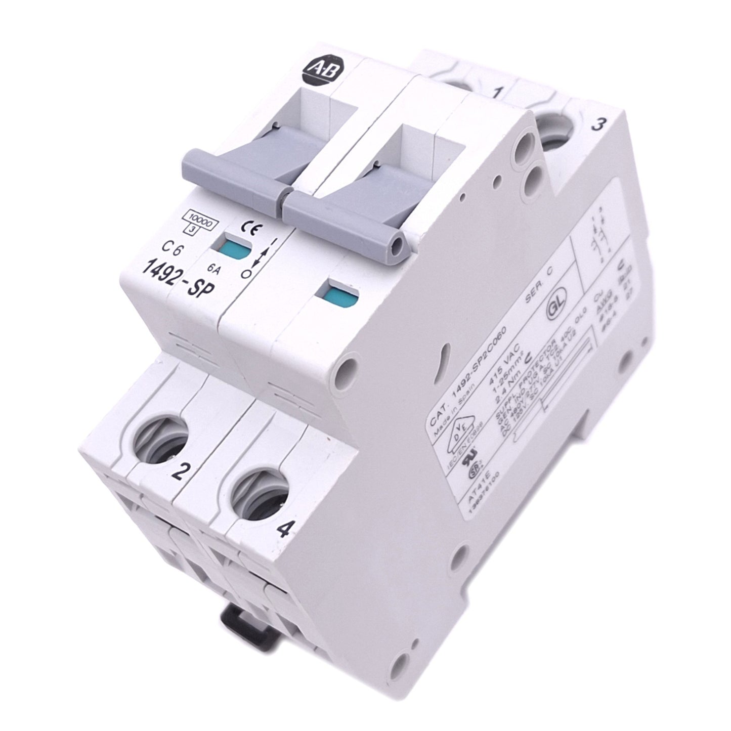 New – Open box Allen Bradley 1492-SP2C060 Circuit Breaker, 2-Pole 6A, 480Y/277VAC, DIN Rail