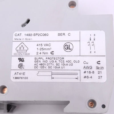 New – Open box Allen Bradley 1492-SP2C060 Circuit Breaker, 2-Pole 6A, 480Y/277VAC, DIN Rail