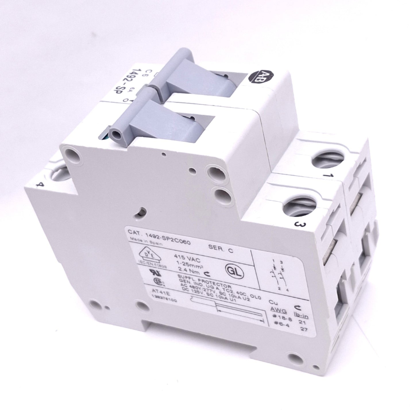New – Open box Allen Bradley 1492-SP2C060 Circuit Breaker, 2-Pole 6A, 480Y/277VAC, DIN Rail