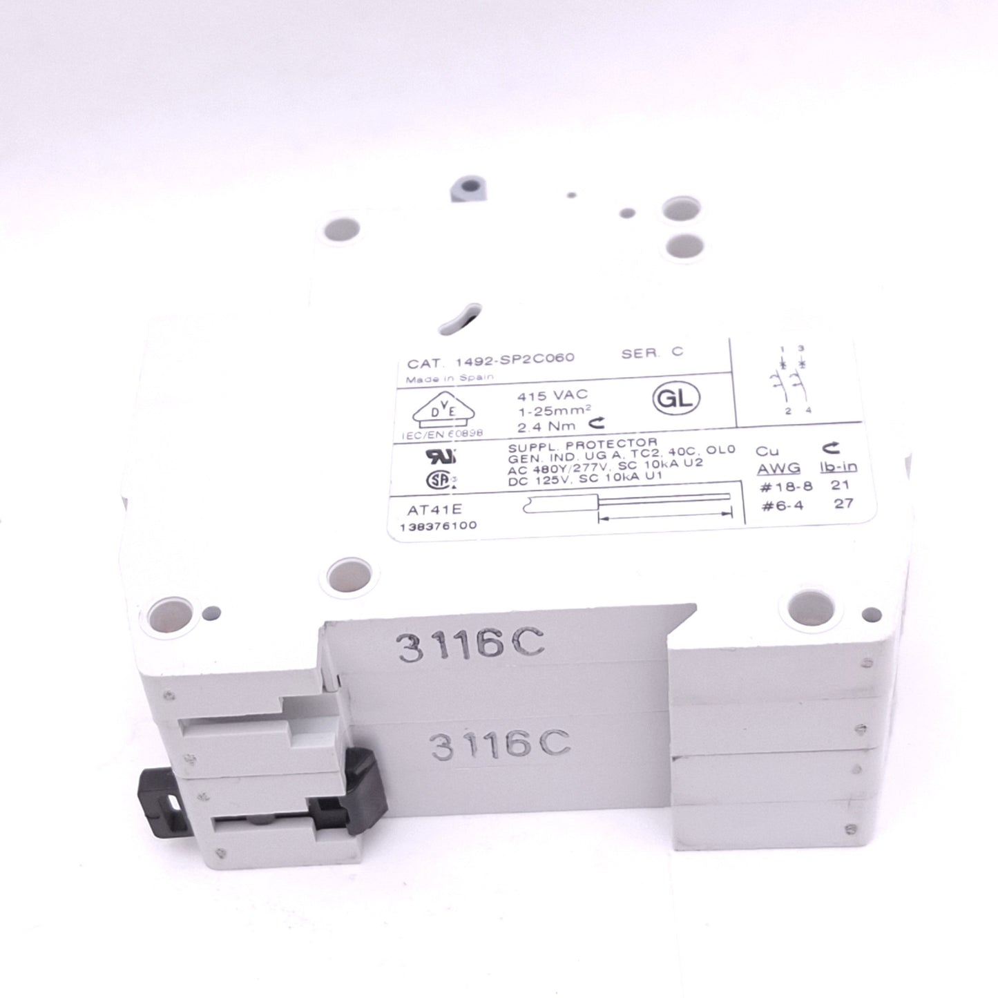 New – Open box Allen Bradley 1492-SP2C060 Circuit Breaker, 2-Pole 6A, 480Y/277VAC, DIN Rail