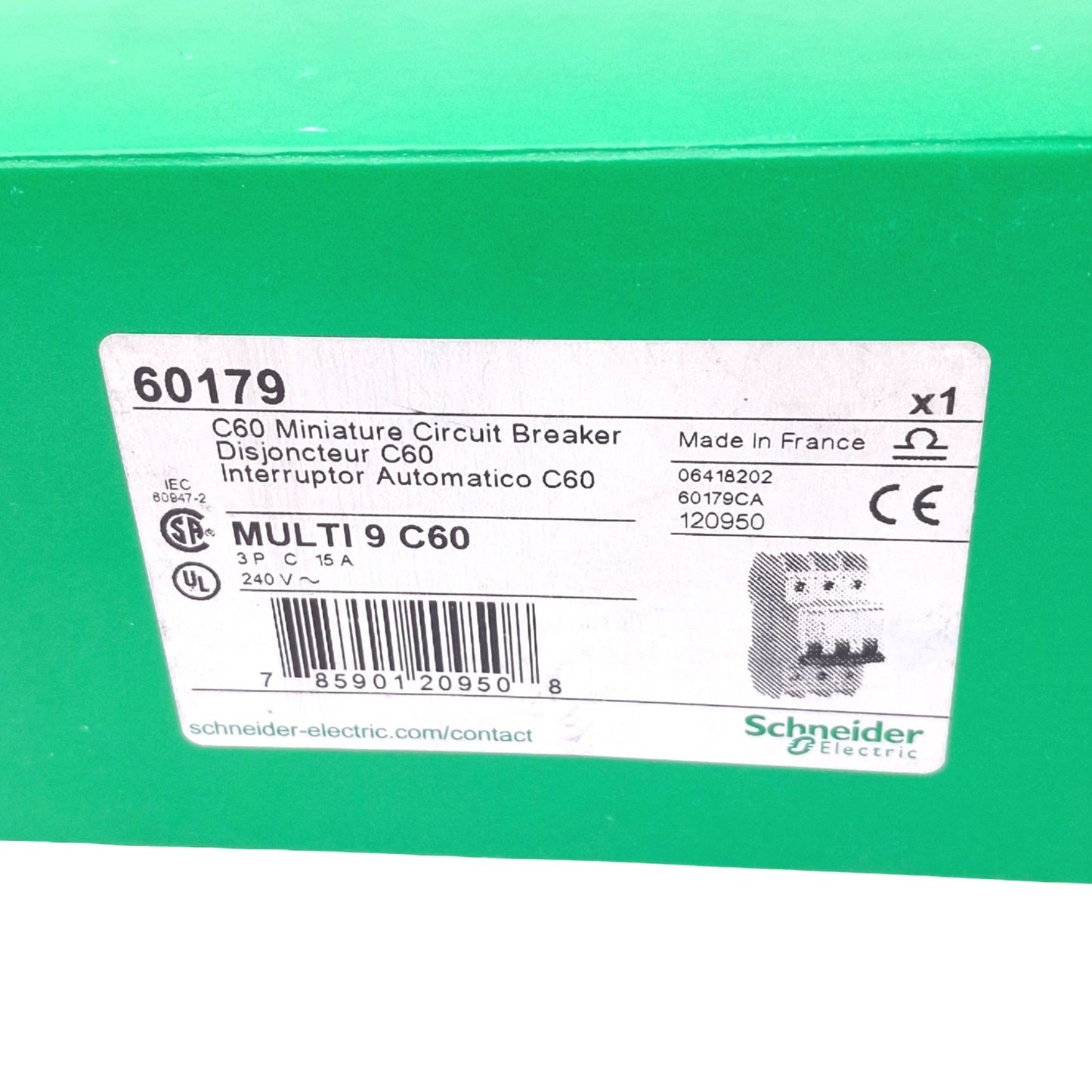 New Schneider Electric 60179 Multi9 Circuit Breaker, 3-Pole 15A, 240VAC, DIN Rail