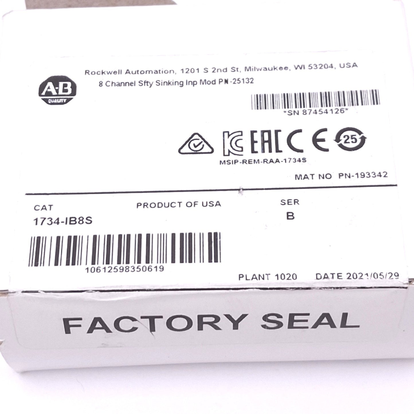 New Allen Bradley 1734-IB8S POINT I/O Guard Input Module, 8-Point, Sinking, 24VDC