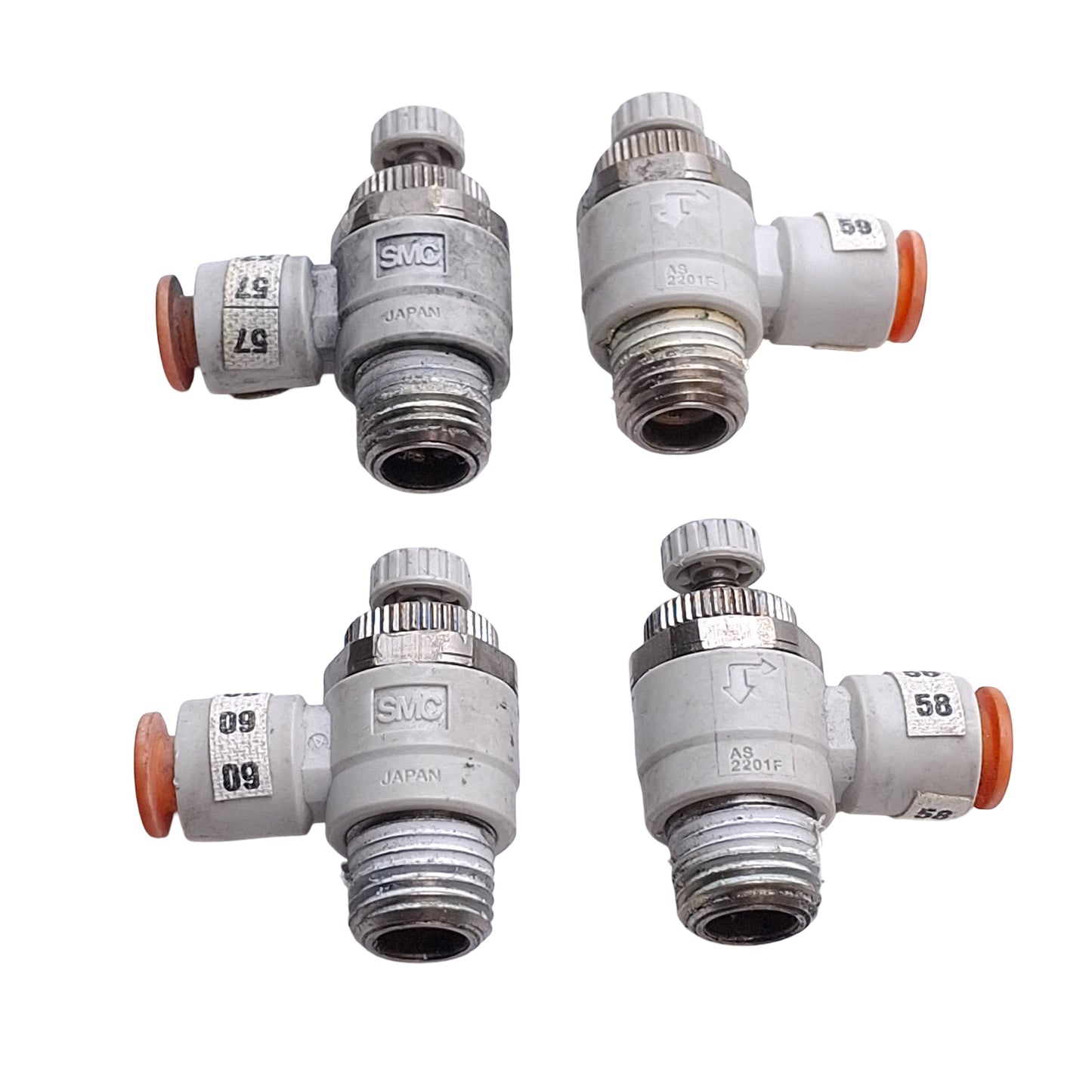 Used Lot of 4 SMC AS2201F-N02-07S Speed Control Fitting, 1/4in NPT to 1/4in OD Tube