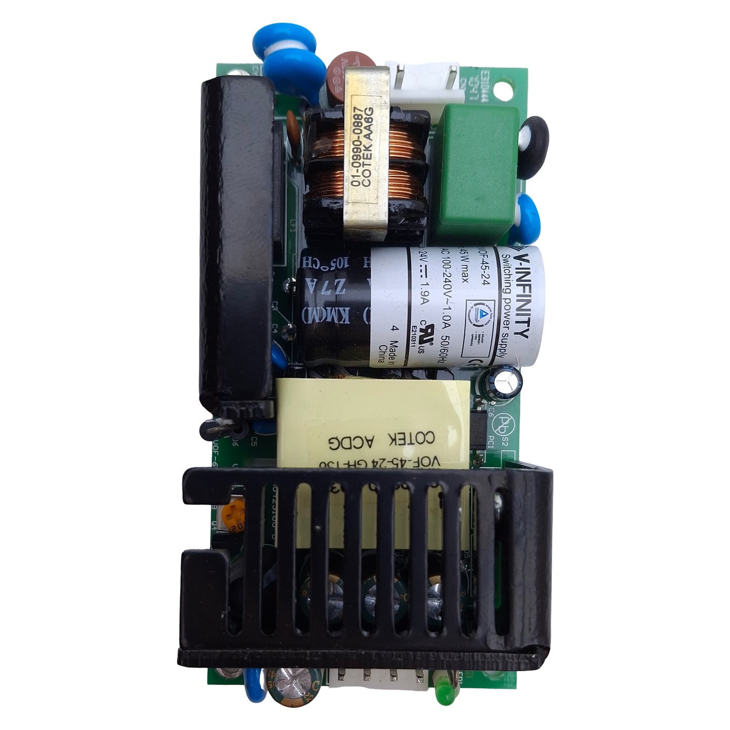 Used CUI VOF-45-24 Open Frame Power Supply 100-240VAC 1A In, 24VDC 1.9A Out, 46W Max