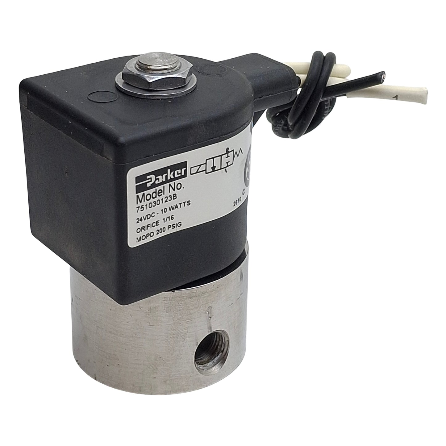 Used Parker 751030123B Solenoid Valve, 2-Way N.C., 1/8in NPT, 200psi, 24VDC Coil