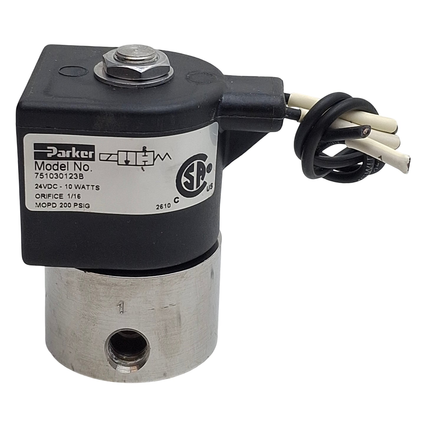Used Parker 751030123B Solenoid Valve, 2-Way N.C., 1/8in NPT, 200psi, 24VDC Coil