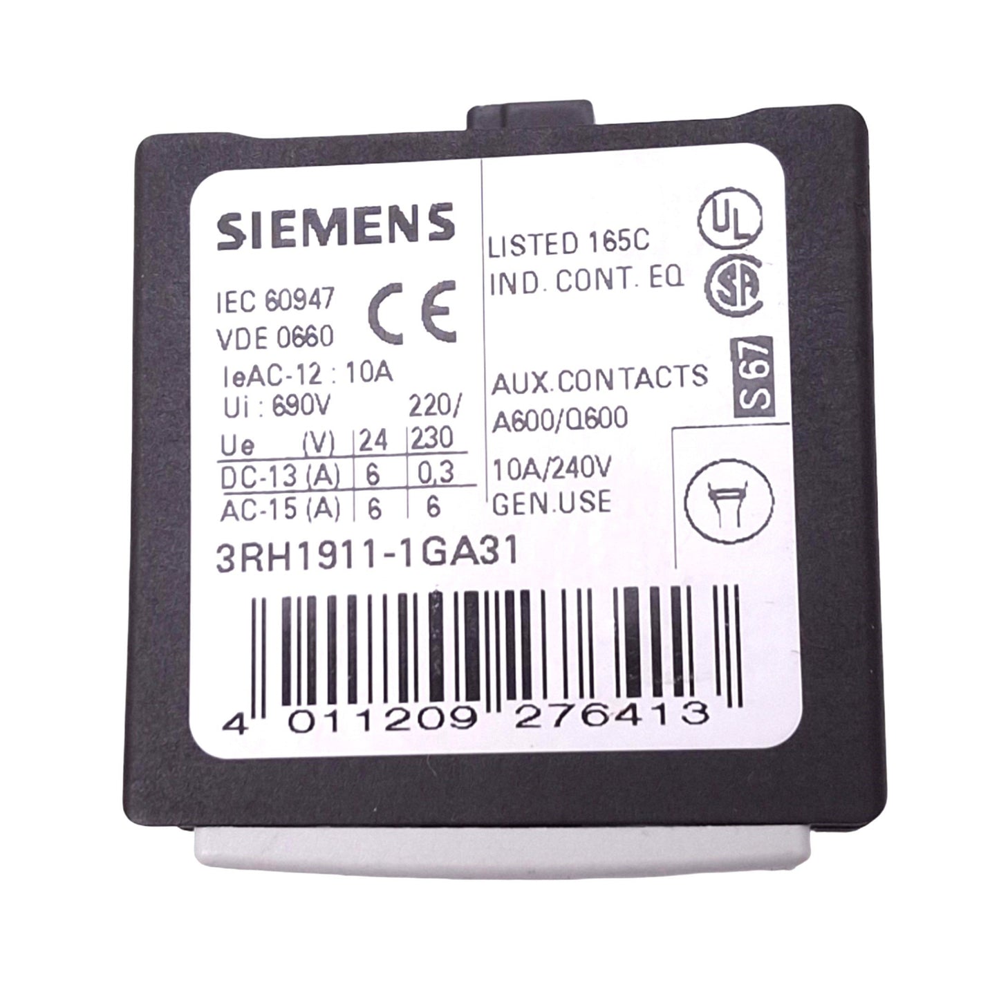 Used Siemens 3RH1911-1GA31 Auxiliary Contact Block, 3NO 1NC, 690VAC 10A Max