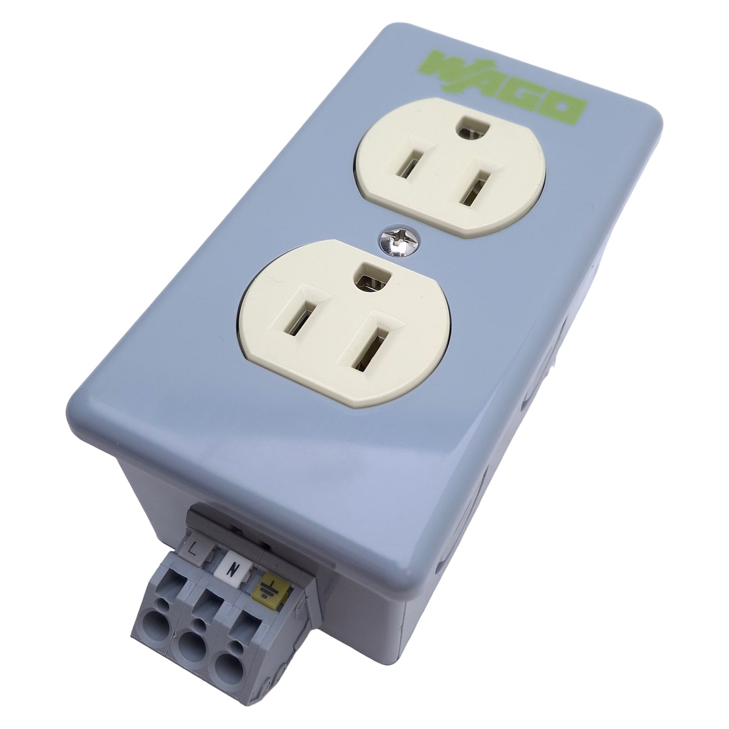 Used Wago 51017543 Outlet Box 120VAC 15A, 28-12AWG Wire Size, DIN Rail Mount