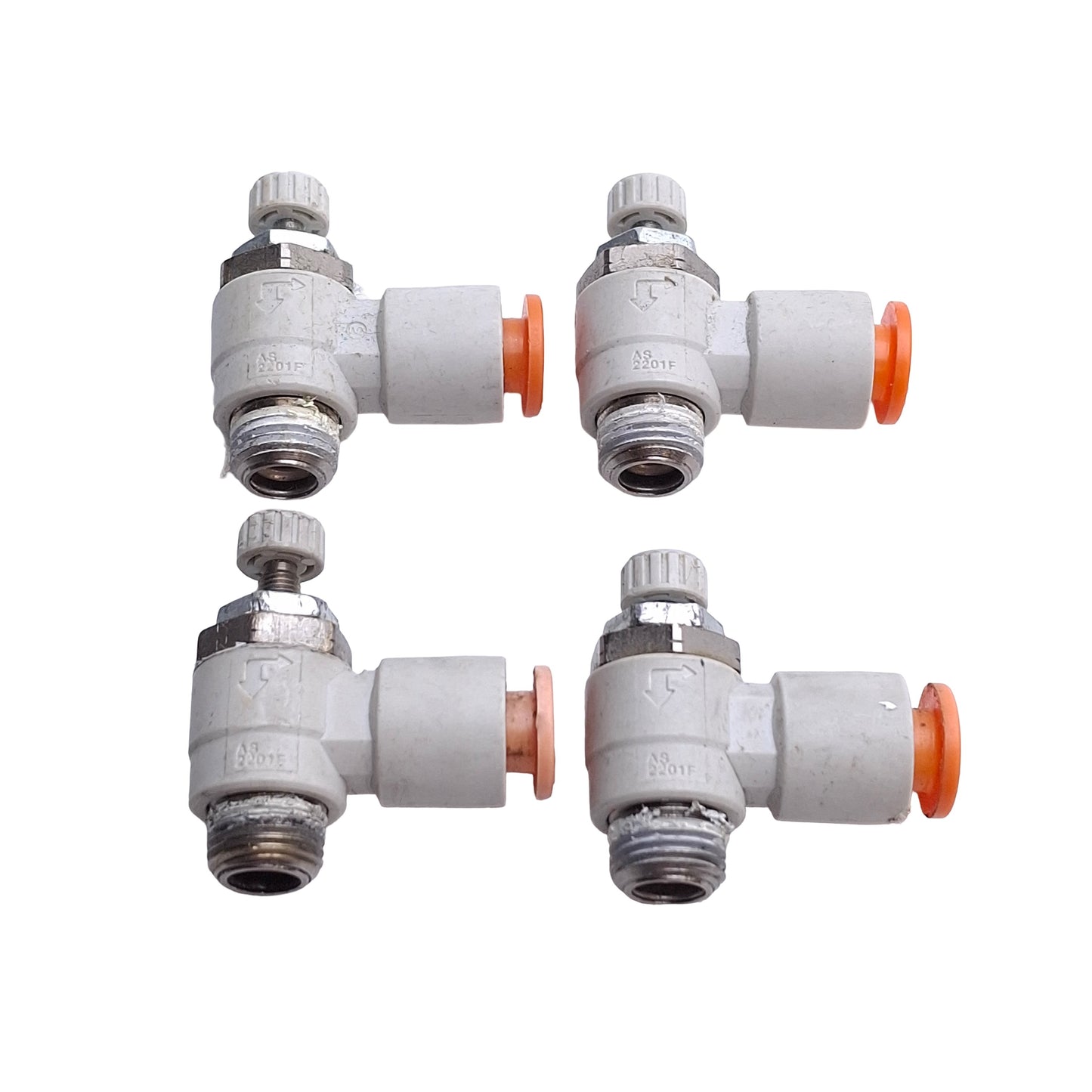 Used Lot of 4 SMC AS2201F-N01-07S Pneumatic Elbow Speed Control 1/8in NPT, 1/4in Tube
