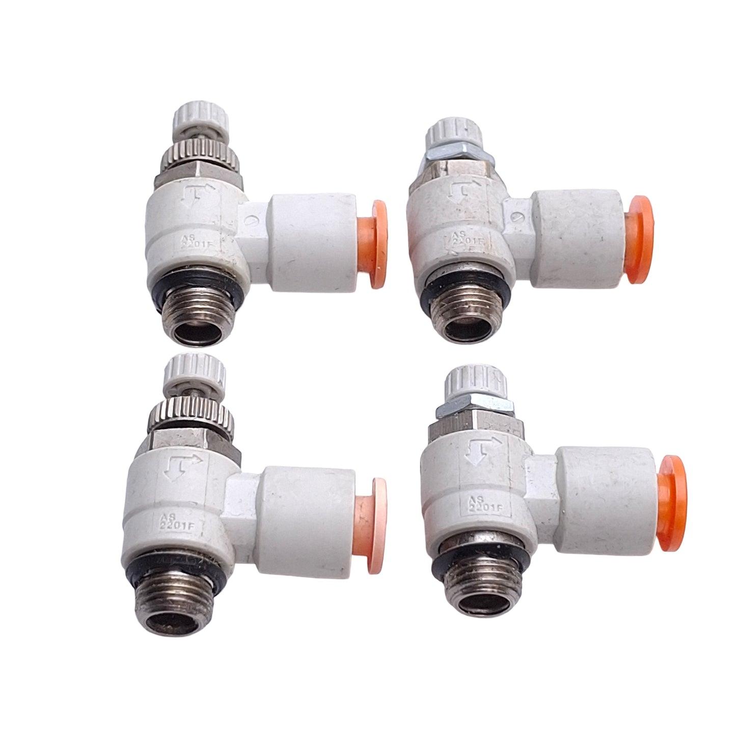 Used Lot of 4 SMC AS2201F-U01-07 Flow Control Elbow Fitting, 1/8in Uni x 1/4in Tube