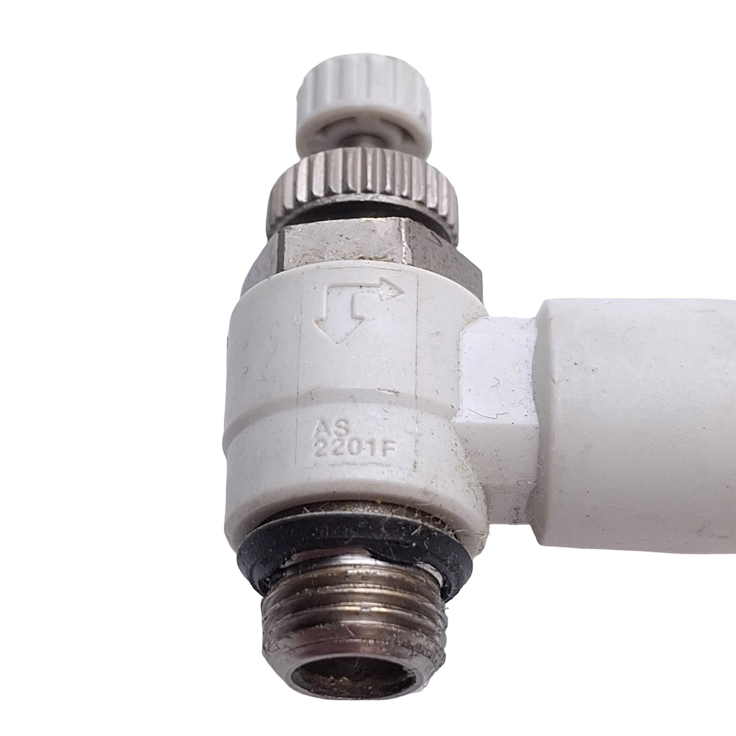 Used Lot of 4 SMC AS2201F-U01-07 Flow Control Elbow Fitting, 1/8in Uni x 1/4in Tube