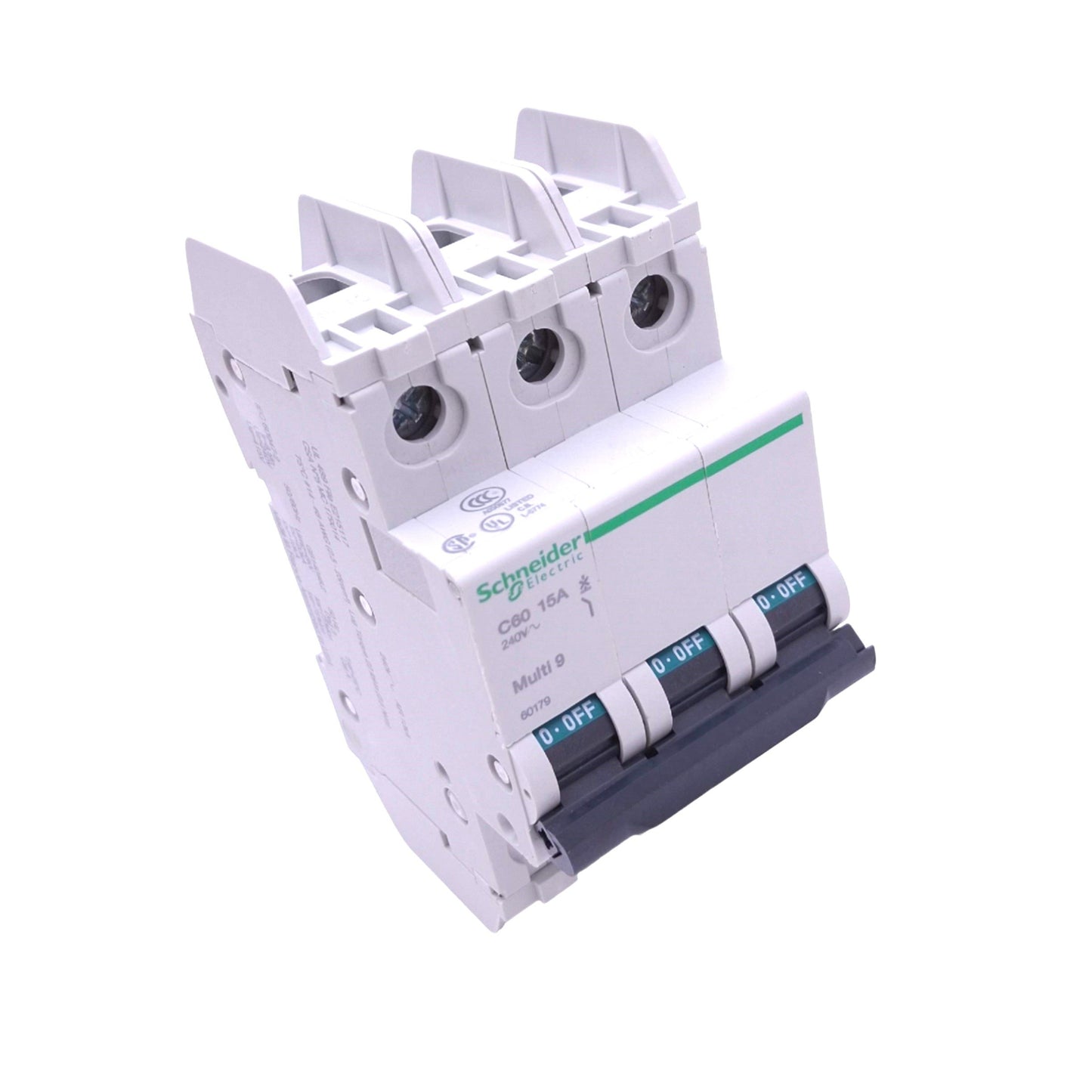 Used Schneider Electric 60179 Multi9 Circuit Breaker, 15A 3-Pole, 240VAC, DIN Rail