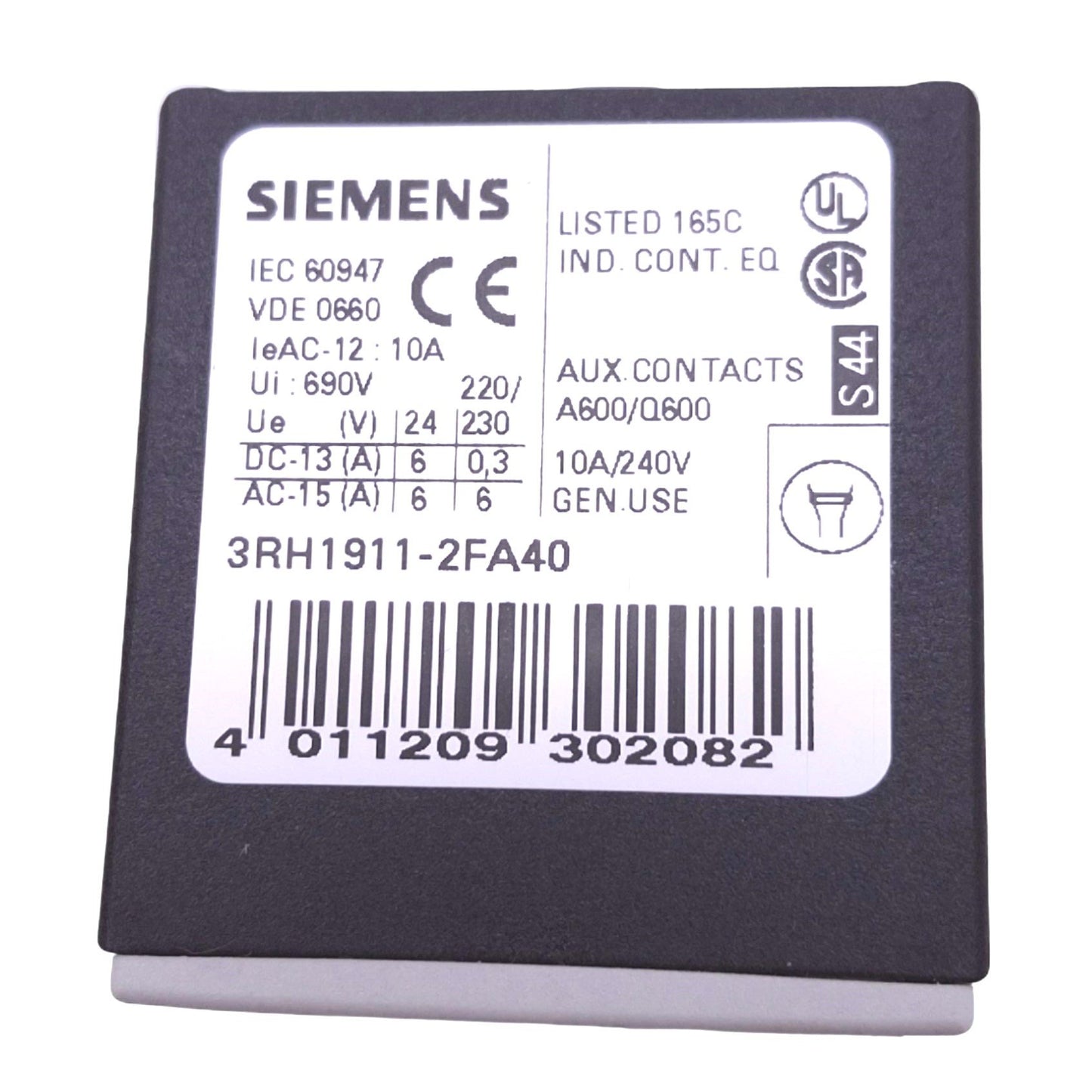 Used Siemens 3RH1911-2FA40 Auxiliary Contact Block for S00 Contactor, 4NO, 10A 240VAC