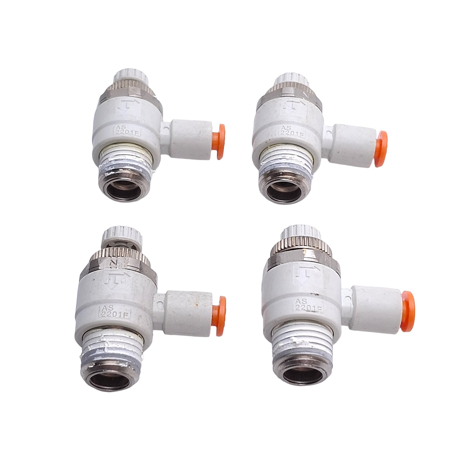 Used Lot of 4 SMC AS2201F-N02-03S Flow Control Fitting, 1/4in NPT to 5/32in OD Tube