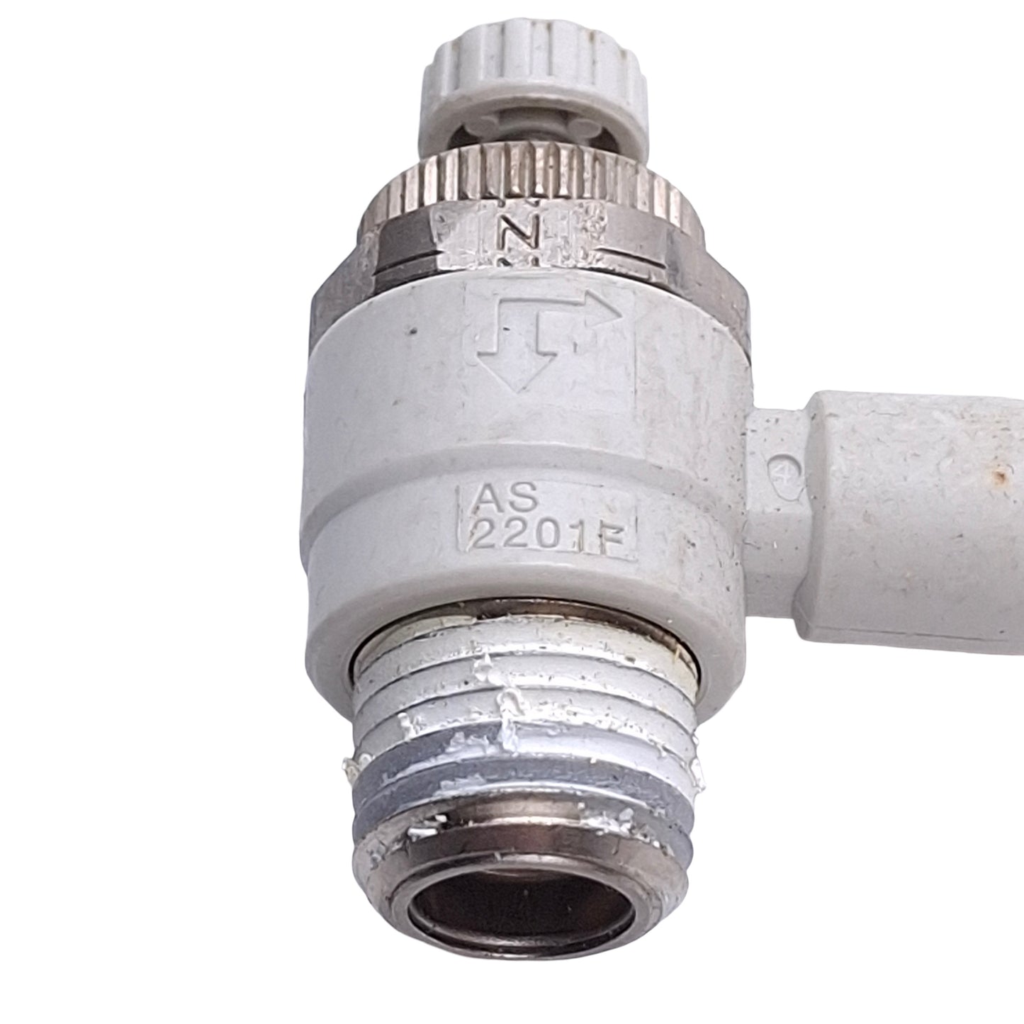 Used Lot of 4 SMC AS2201F-N02-03S Flow Control Fitting, 1/4in NPT to 5/32in OD Tube