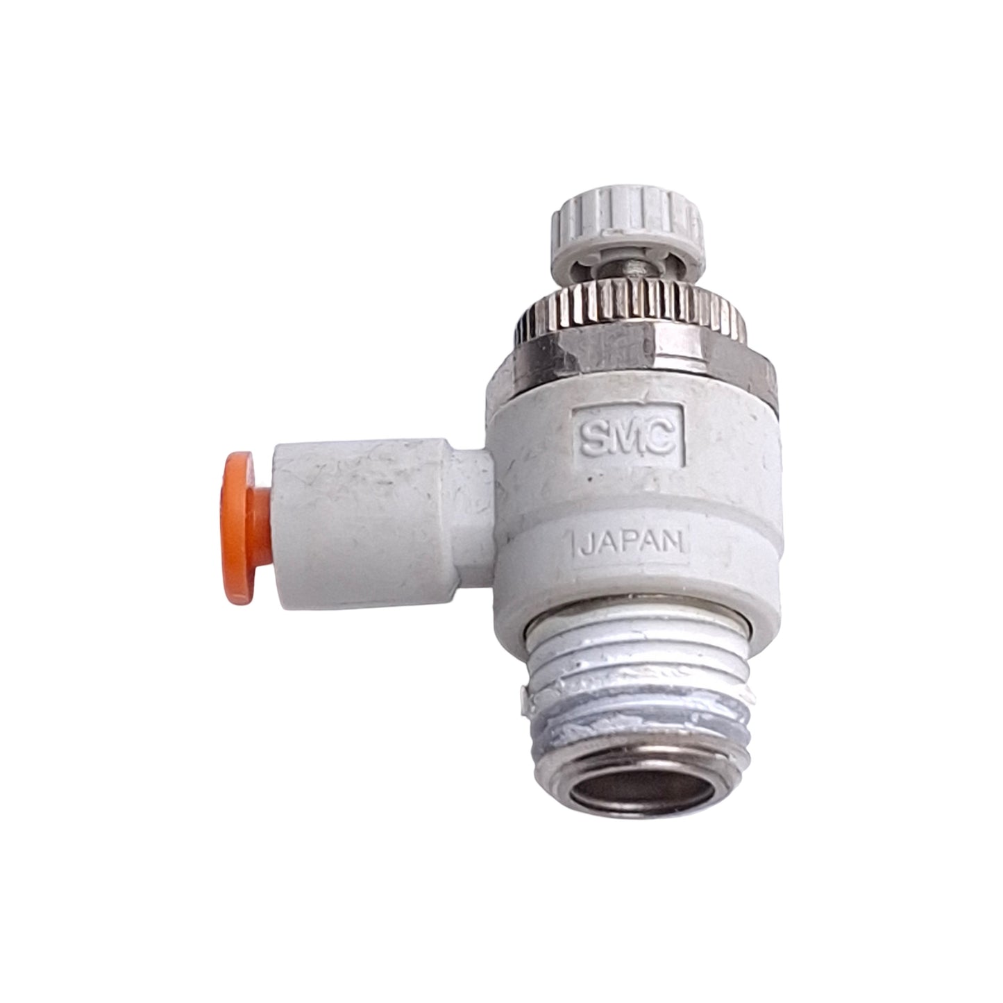 Used Lot of 4 SMC AS2201F-N02-03S Flow Control Fitting, 1/4in NPT to 5/32in OD Tube