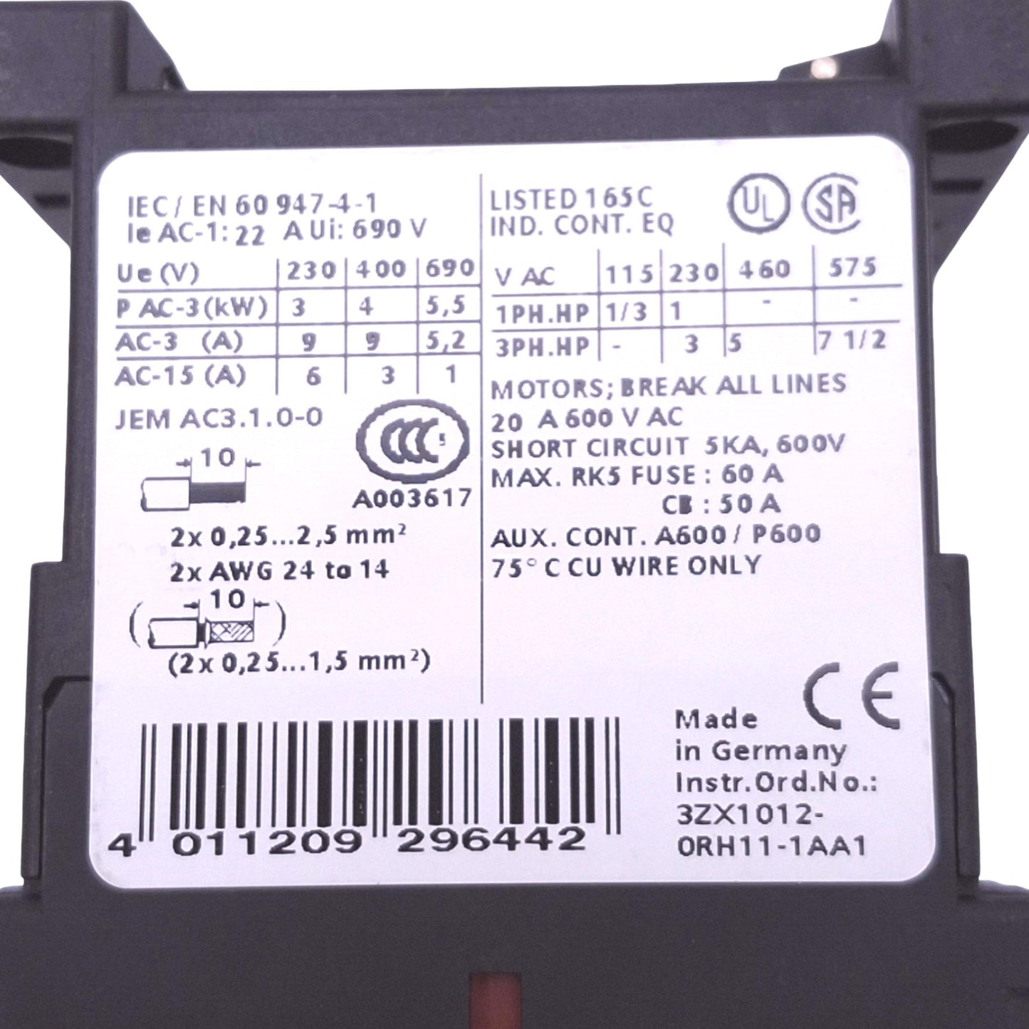 Used Siemens 3RT1016-2AB01 Contactor Relay, 3-Pole + 1NO Aux, 10A 600VAC, 24VAC Coil