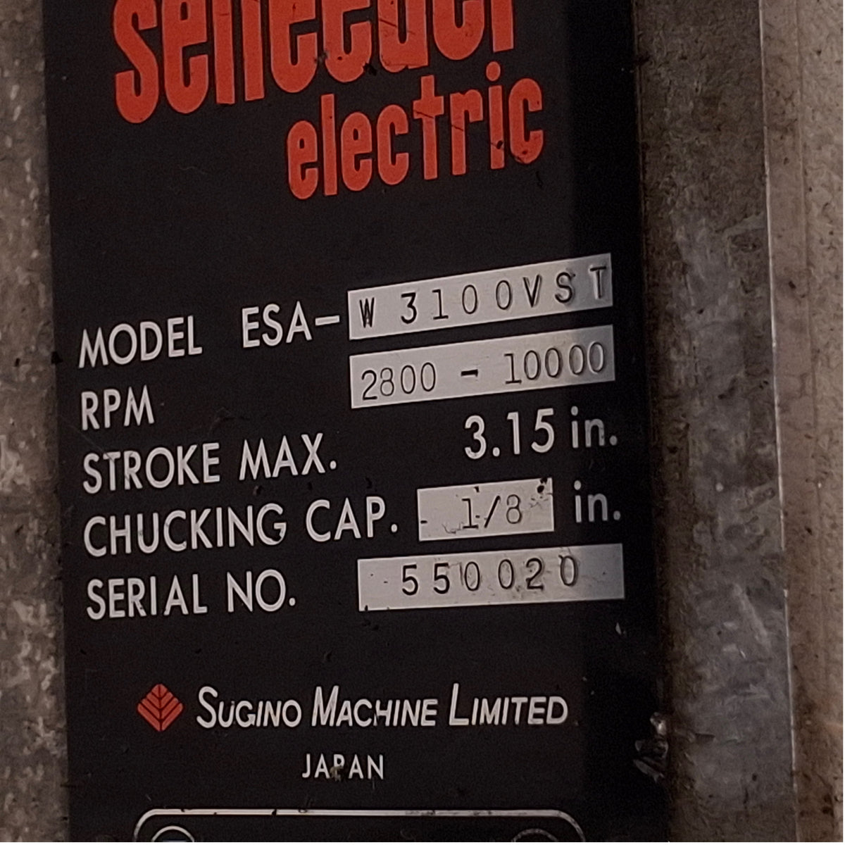 Used Sugino ESA-W-3100VST Selfeeder Electric Drill 105-270VDC, 3.15in Stroke