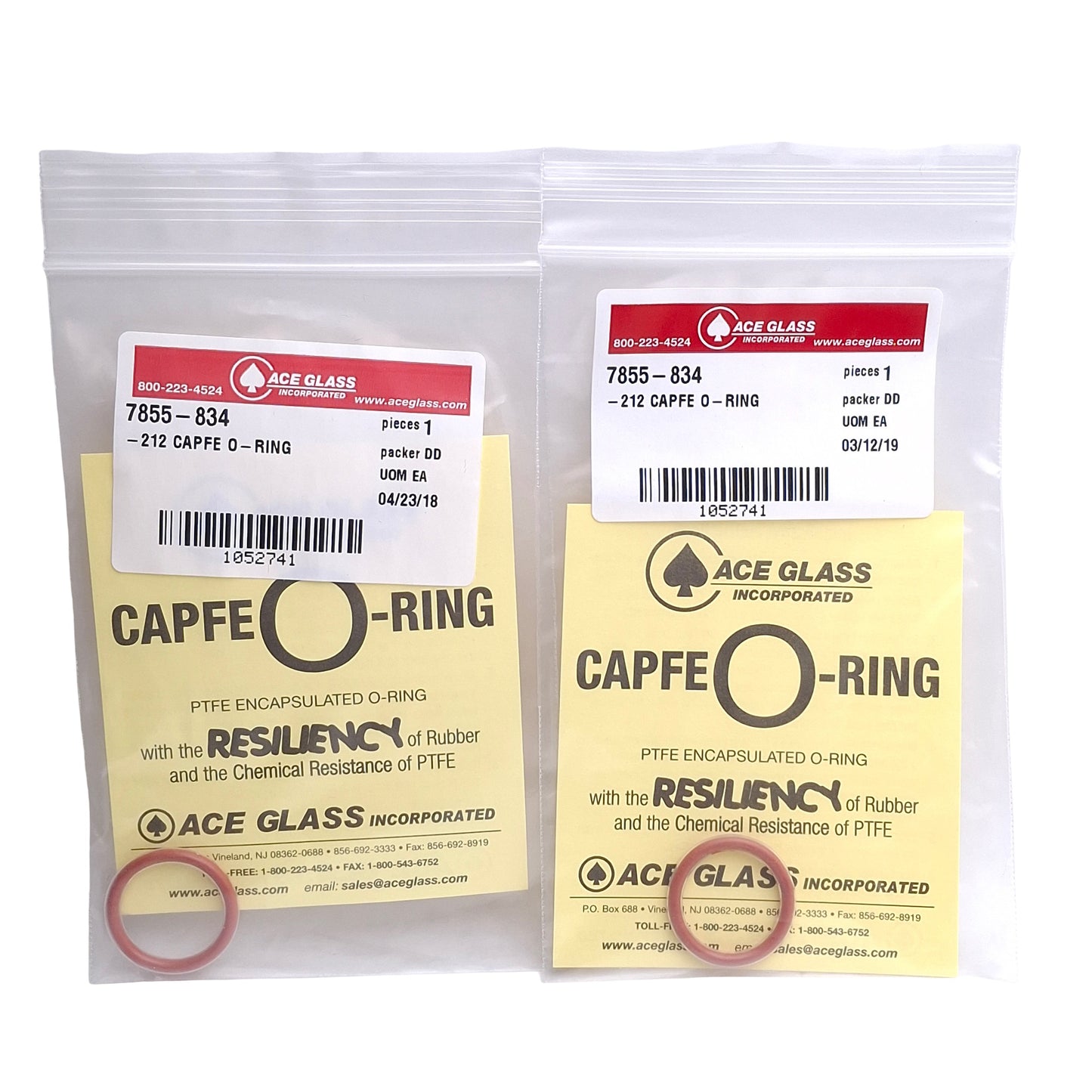 New Lot of 2 Ace Glass 7855-834 CAPFE O-Rings, Size 212, ID=21.8mm, 3.5mm Width