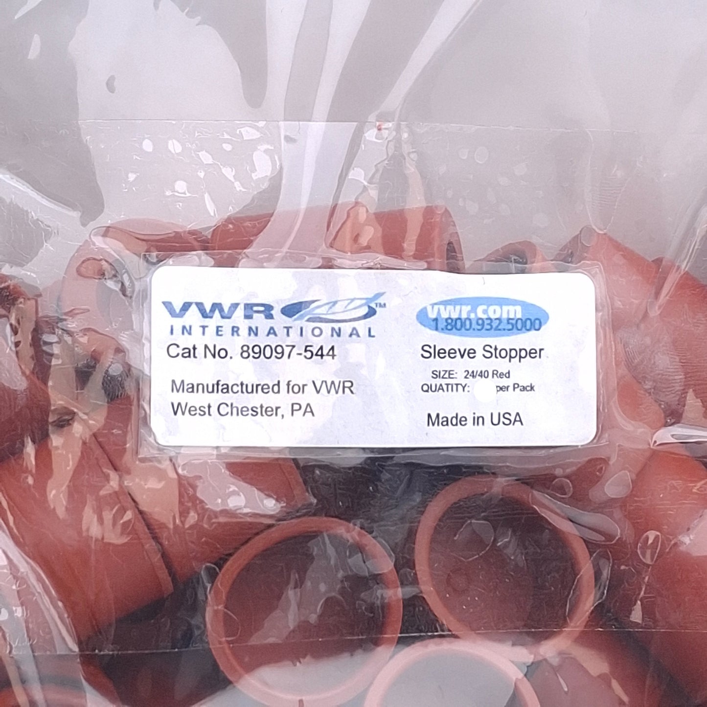New – Open box Lot of 60 VWR International 89097-544 Sleeve Stoppers, Size 24/40, Color: Red
